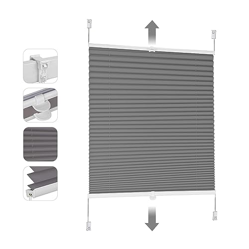 Sekey Plissee ohne Bohren Verdunkelung, Fenster Plissee Klemmfix Jalousie 100 cm breit, Verspannt Blickdicht Sonnenschutz Fensterollo, 100x130cm, Grau