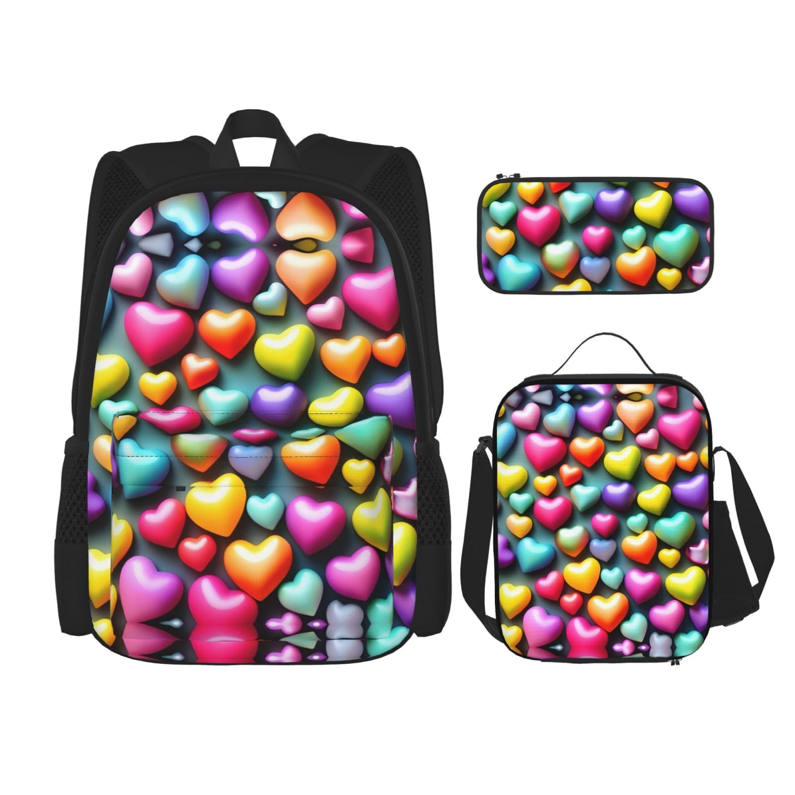 YQxwJL 3-in-1-Rucksack-Büchertaschen-Set, Motiv: griechische Insel, Meerblick, lässiger Reiserucksack, mit Federmäppchen, Lunchtasche, Bunte Regenbogen-Herzen, Einheitsgröße