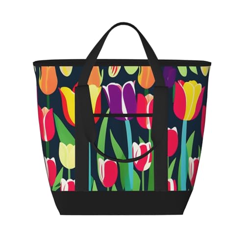 YQxwJL Isolierte Kühltasche mit buntem Tulpenmuster, große Kapazität, Einkaufstasche, Reisetasche, Strand, wiederverwendbare Einkaufstasche für Erwachsene, Schwarz, Einheitsgröße