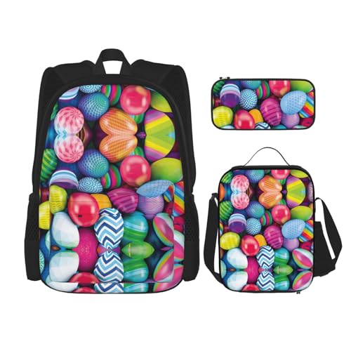 WURTON Ostereier-Druck, verstellbare Schultergurte, Rucksack-Set, Lunchtasche, Federmäppchen, Kombinationstaschen-Set