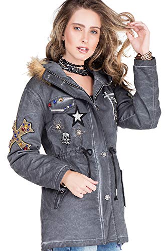 Cipo & Baxx Damen Parka Outdoorjacke Lang Kapuzenjacke Mantel Kunstfell Patches Winterjacke Anthracite S