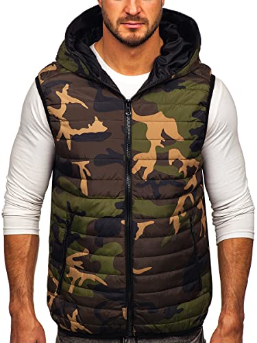 BOLF Herren Weste mit Stehkragen Steppweste Bodywarmer Kapuze Daunenweste Reißverschluss Ärmellose Sportweste Zip Wärme Freizeit Outdoor Style 7106 Khaki XL [1U1]