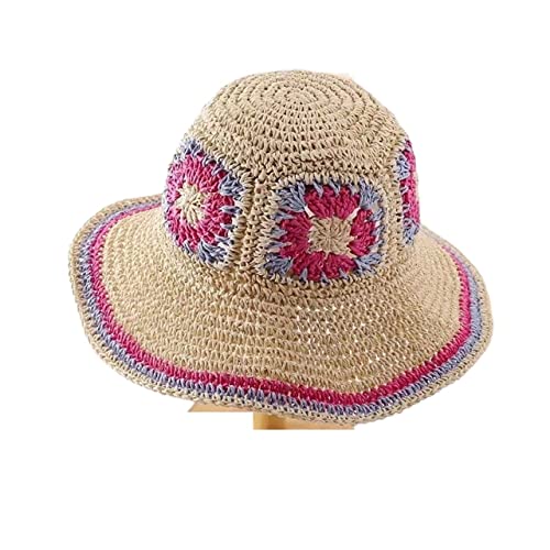 YIHANSS Sonnenhut Strandhut Damen Sommer Blumen Strohhut Gehäkelter Fischerhut Handgestrickter Strandhut Strandstrohhut Hüte Eine Farbe