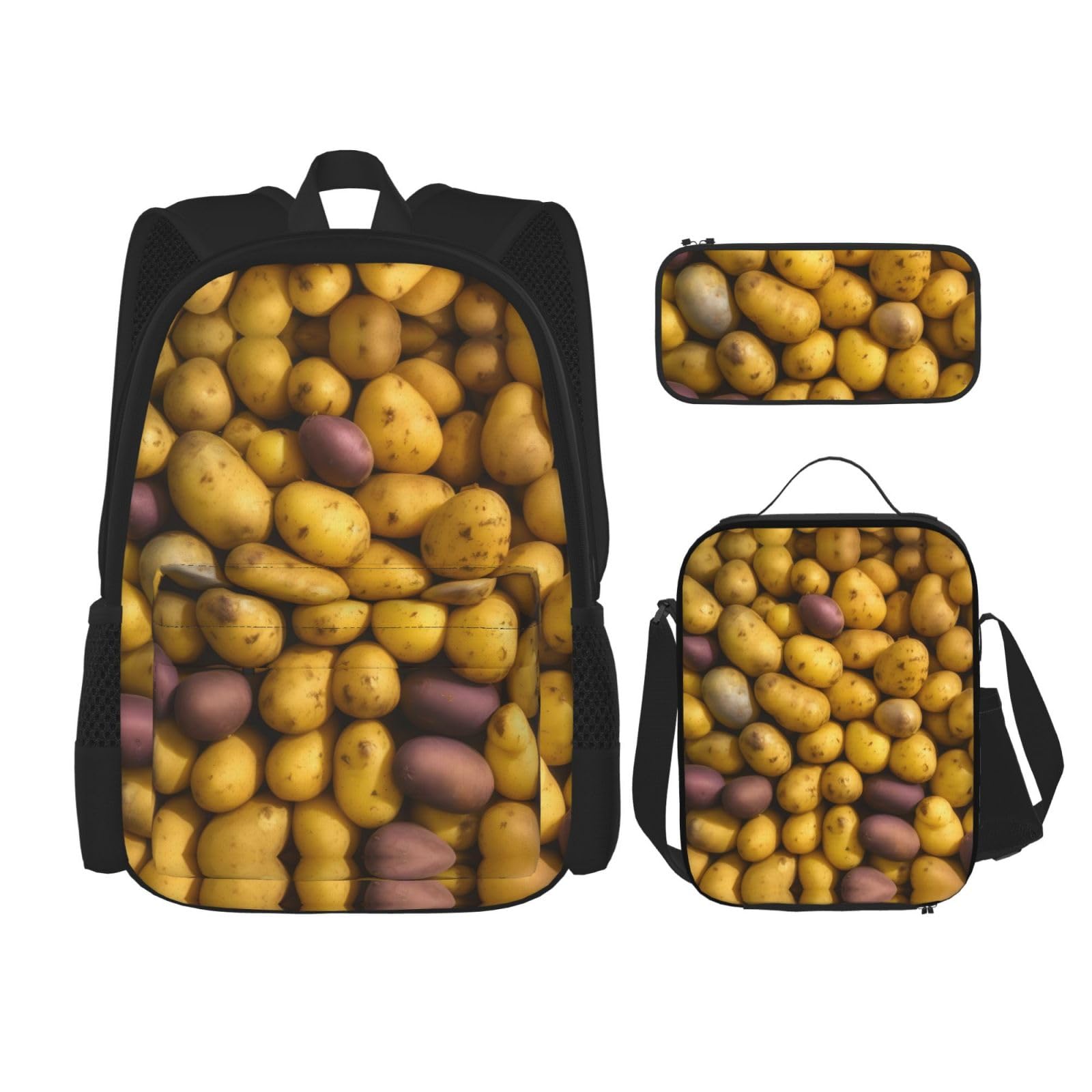 YQxwJL 3-in-1-Rucksack-Büchertaschen-Set, mathematischer Druck, lässiger Reiserucksack, mit Federmäppchen, Lunchtasche, Viele Kartoffeln, Einheitsgröße