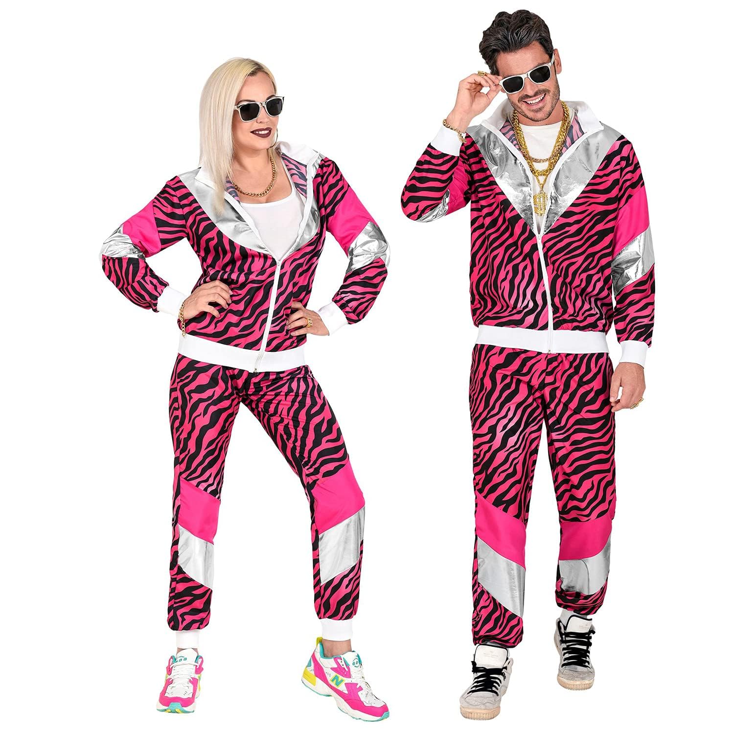 W WIDMANN MILANO Party Fashion - Kostüm 80er-Jahre Trainingsanzug Tiger, leuchtet unter UV-Licht, pink, Jacke und Hose, Animal Print, Jogginganzug, Retro-Style, Bad Taste Party, Karneval