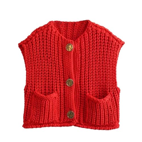 Sweater Vests Women 2024, Women's Button Front V Neck Sleeveless Crochet Solid Checkered Knit Sweater Vest with Pockets (Red,Medium)