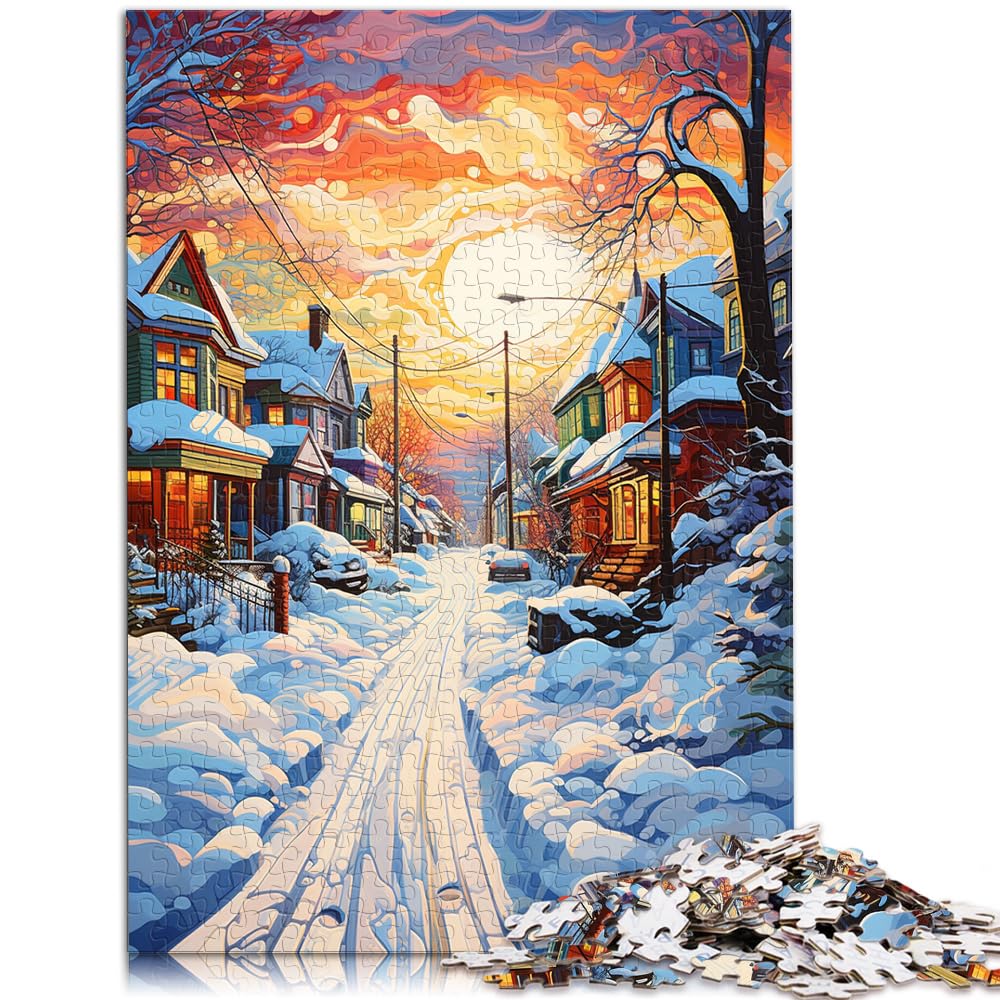 Puzzles für farbenfrohe, psychedelische, mit Schnee bedeckte Straßenszene. Puzzle 1000 Teile für Erwachsene. Holzpuzzle für und Geschenkidee. 1000 Teile (50 x 75 cm)