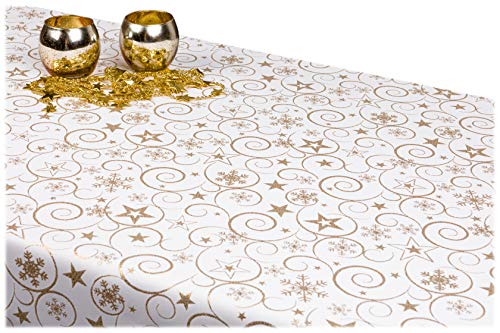 GOLDMAR Weihnachtstischdecke Fleckenresistente Schmutzabweisend Zweiseitig Tischdecke Weihnachten Advent - Polyester Lamatex Silber Gold Elegante Weihnachtstisch Deko (Rund 150 cm, Gold-Muster-11s)