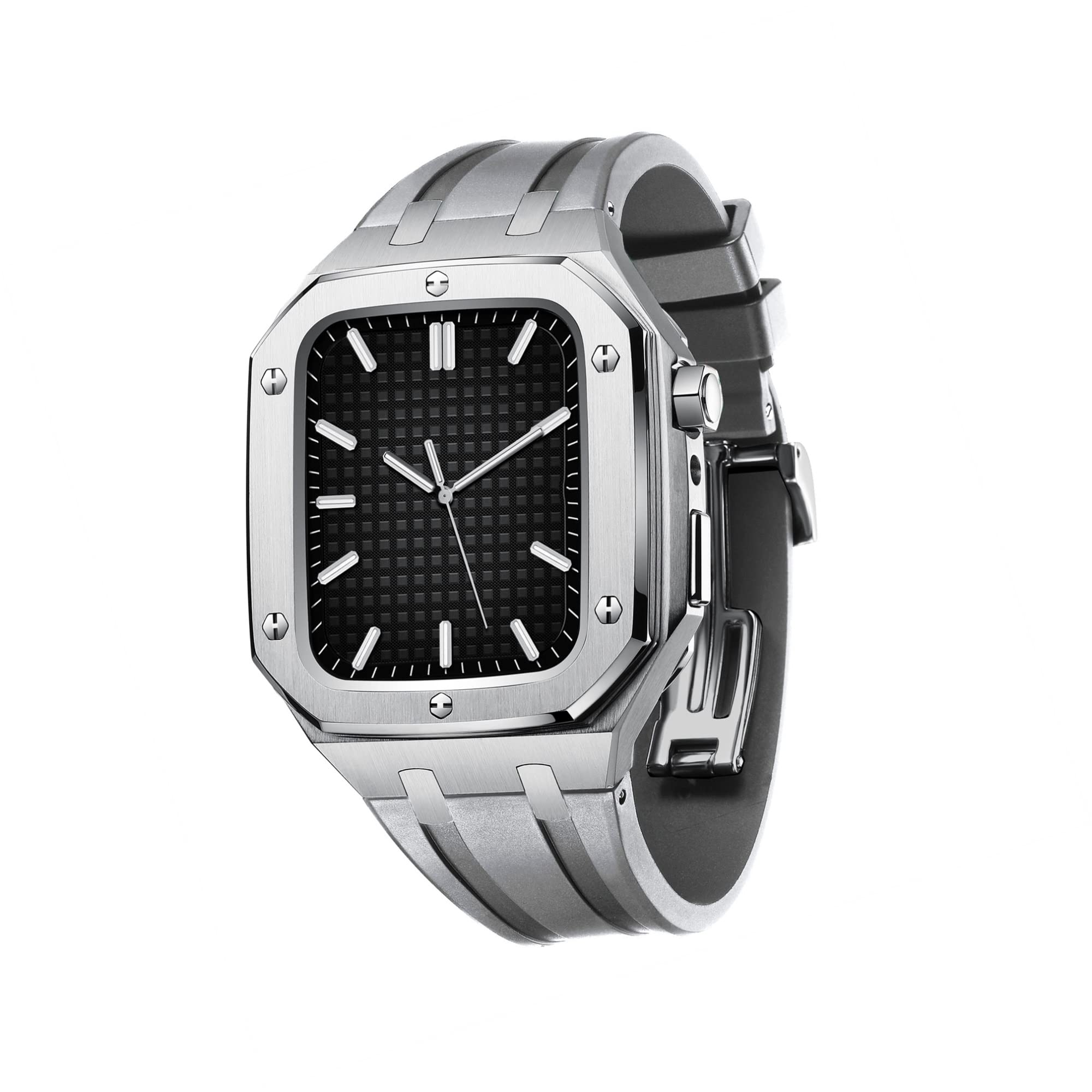 TONECY Herren und Damen, Militär-Metallgehäuse für iWatch Serie 7/SE/6/5/4, Business-Casual-Stil, Uhrenarmband, Silikonband, stoßfester Stoßfänger für Apple Watch, 45 mm, 44 mm (Farbe: Silbergrau,