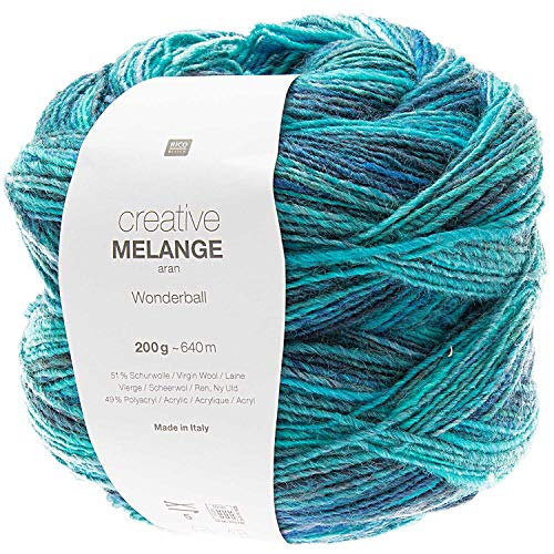 Rico Design Creative Melange Aran Wonderball, wełna gradientowa, grubość drutów do robienia na drutach lub szydełkowania, wełna 200 g motek (006, 200)