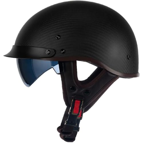 BYFHHHH Motorradhelm, ECE-Zertifizierter Retro-Halbhelm Für Männer Und Frauen, Vintage-Cruise-Light-Helm Aus Kohlefaser Mit Sonnenblende, Halbschalenhelm, Rollerhelm A,L=59~60CM