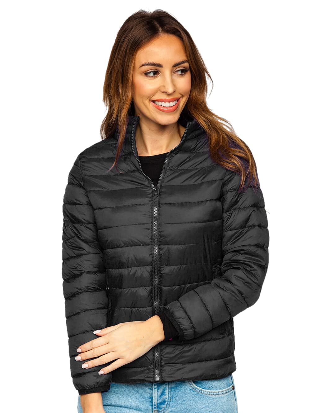 BOLF Damen Übergangsjacke Steppjacke Stehkragen Daunenjacke Reißverschluss Sportjacke Zip Wärme Freizeit Sport Basic Outdoor Casual Style 1141 Schwarz XL [D4D]