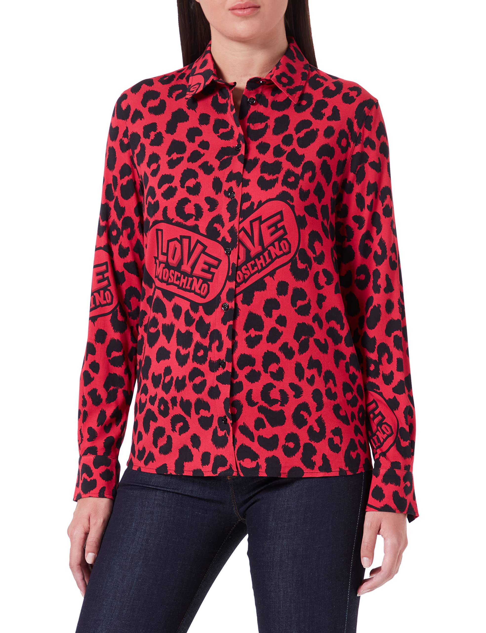 Love Moschino Damen Regular Fit Long Sleevewith Animalier Allover Print. Shirt, Red Black, 46 EU