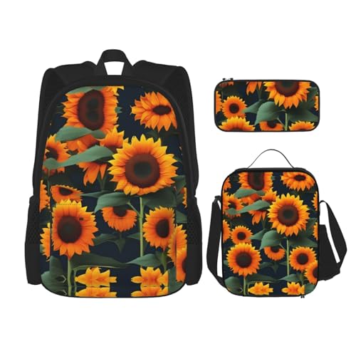 YQxwJL 3-in-1-Rucksack-Büchertaschen-Set, orangefarbener Sonnenblumen-Druck, lässiger Reiserucksack, mit Federmäppchen, Lunchtasche, Orange Sonnenblume, Einheitsgröße