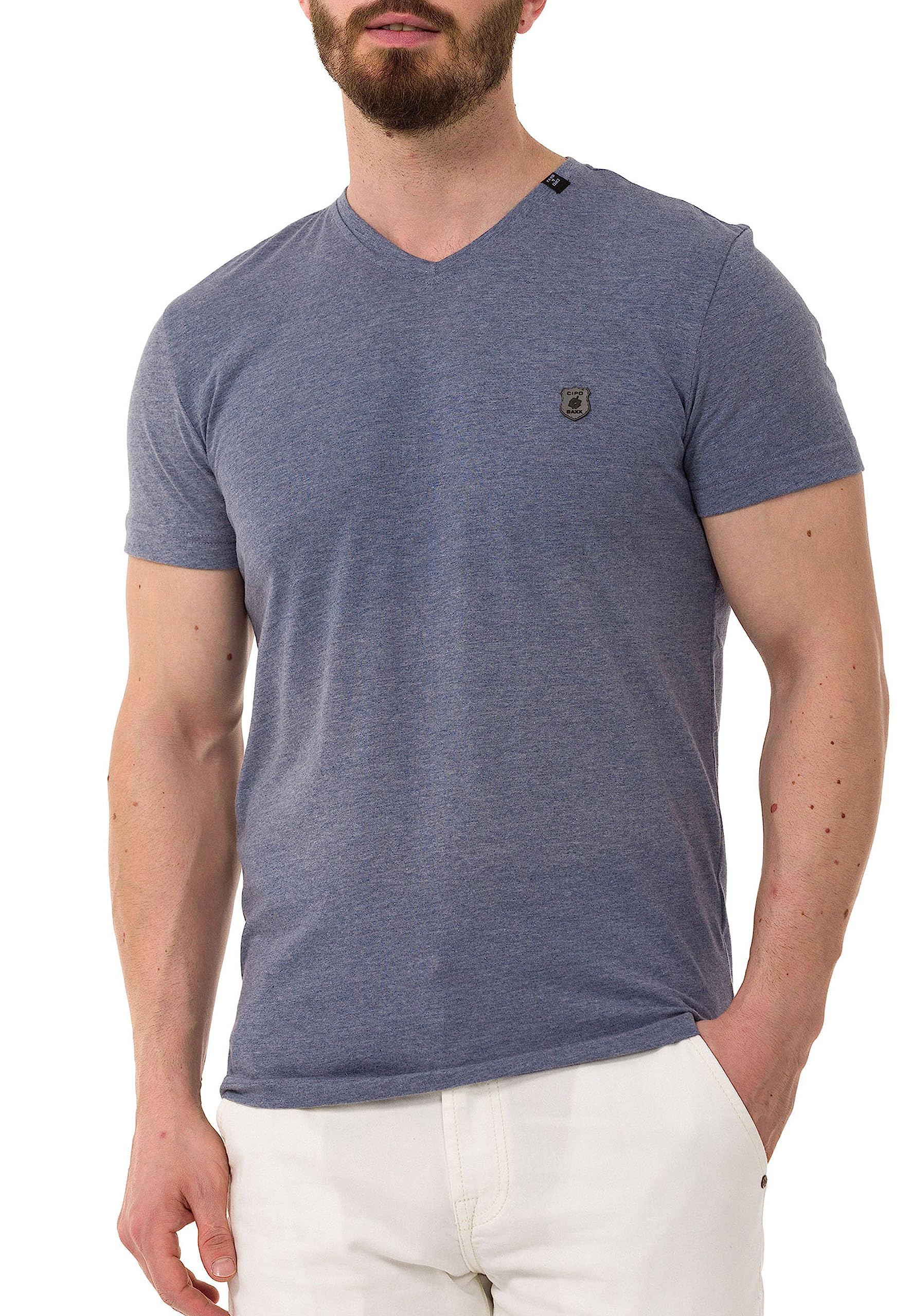 Cipo & Baxx Herren T-Shirt V-Neck Shirt Kurzarm Basic Baumwolle V-Ausschnitt CT773 Blau L