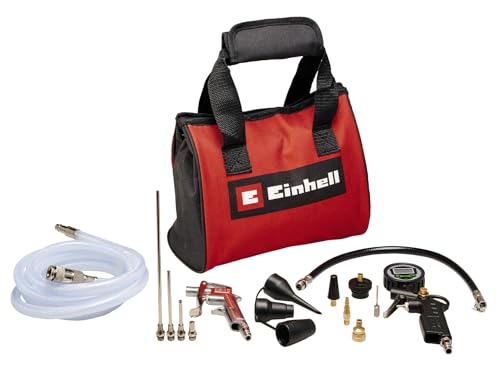 Original Einhell 15-tlg. Druckluftset m. Tasche (Kompressor Zubehör, inkl. 1x Ausblaspistole, 1x digitaler Reifenfüller, 2,5 m Gewebeschlauch, 8x Adapter, 1x Tasche)