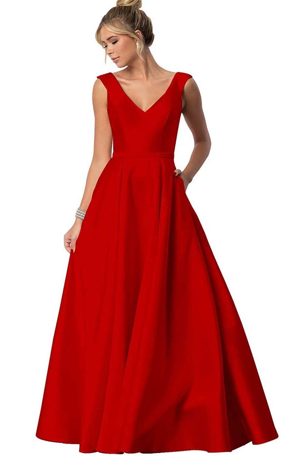 Damen V-Ausschnitt Abendkleid Abschlussball Lang Satin Mutter der Braut Kleid mit Taschen, rot, 42