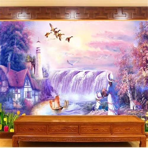 Fantasielandschaft Wasserfälle Häuser Bäume 3D Tapete Poster Restaurant Schlafzimmer Wohnzimmer Sofa TV Dekorative Wand-430cm×300cm