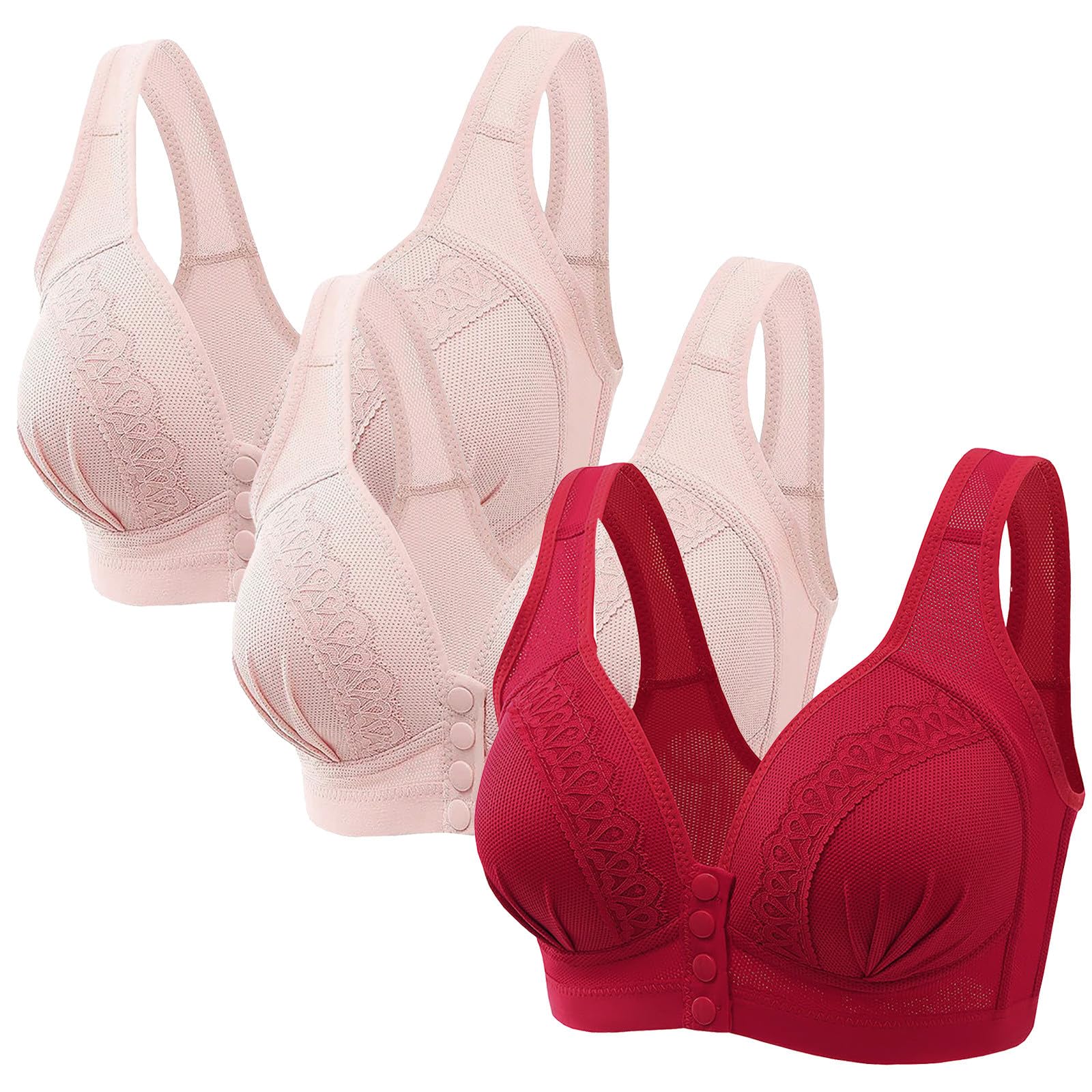 3er Pack Klassische Minimizer BH Ohne Bügel Push Up Sport BH Bequem Verschluss Vorne BH mit Breite Träger Damen Bustier mit Gepolstert Glamorise BH Rot Rosa 80B