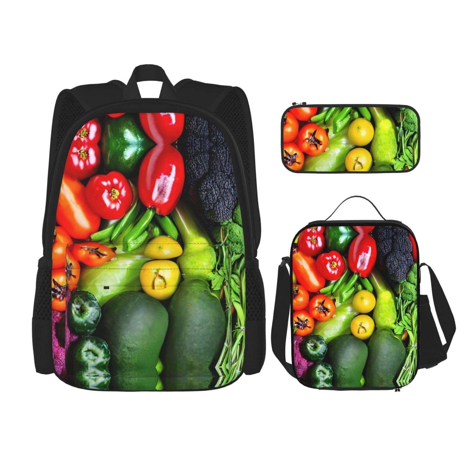 WURTON Fresh Vegetables Fruits Print Travel Lunch Box Pencil Case Backpack Set 3 Pieces Adjustable Straps Lightweight, Schwarz, Einheitsgröße