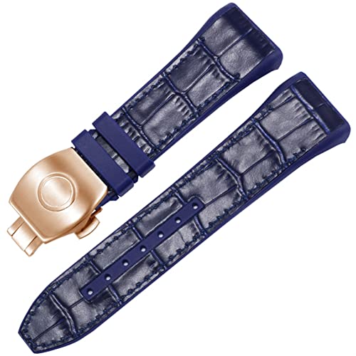 SCRUBY Für Franck Müller V45 Serie 28mm Nylon Echtes Leder Silicon Watchband Schwarz Blau Klappschnalle Uhrengurt(Blue-rosegold)