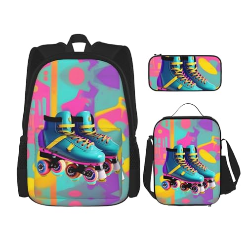 WURTON Retro bunte Rollschuh-Druck, Reise-Lunchbox, Federmäppchen, Rucksack-Set, 3-teilig, verstellbare Riemen, leicht, Schwarz, Einheitsgröße