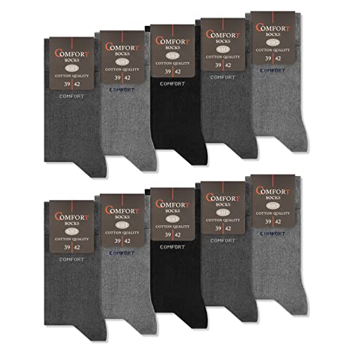 10 Paar Damen & Herren Comfort Socken ohne Gummi Baumwolle ohne Naht mit Komfortbund Schwarz Navy Jeans (3 x Grau | 3 x Anthrazit | 4 x Schwarz 39-42)