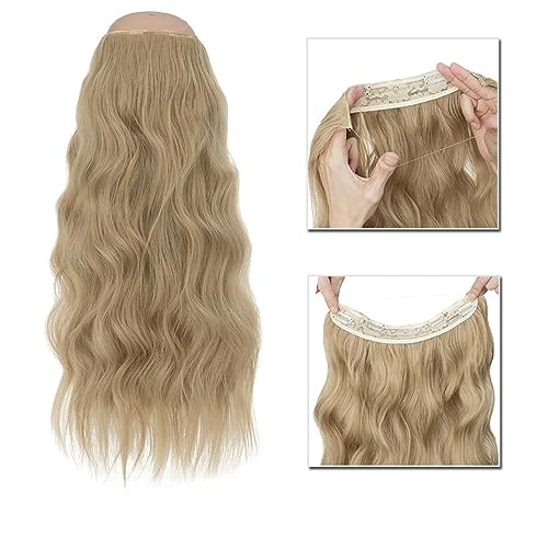 Clip-in-Haarverlängerungen Synthetische Haarverlängerungen, 50,8–61 cm, unsichtbarer Draht, künstliche Haarverlängerungen, 4 Clip, gefälschtes, falsches, langes, gewelltes Haarteil, blond, for Damen C