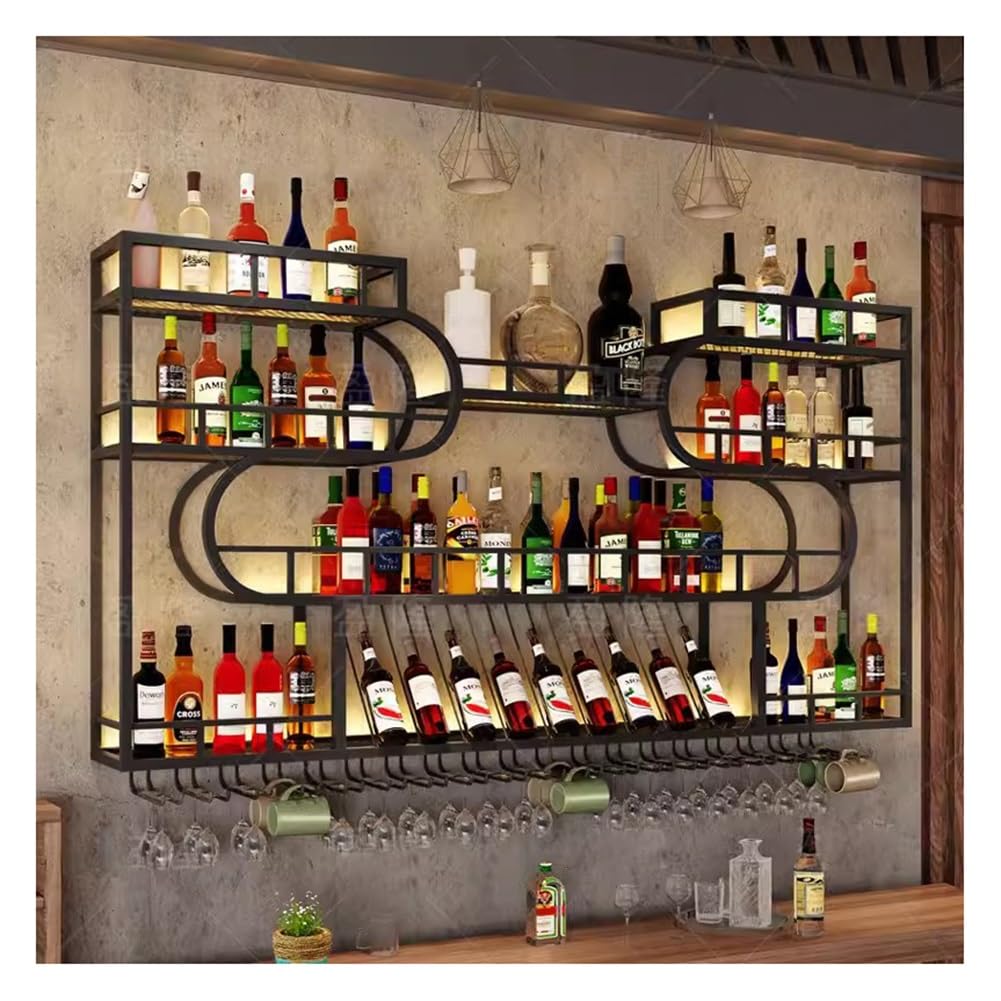 BFVAKBKYT Hängende industrielle runde Weinregale, ModernWith LED Light Weinflaschen-Präsentationsregal aus Eisen, Umgedrehtes Weinglasregal for Zuhause, Restaurants, Bars(Black,100x20x123cm)