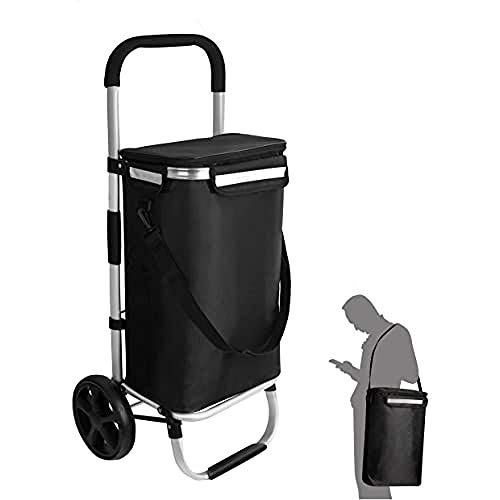 Ribelli Einkaufstrolley mit Kühlfach, Einkaufswagen Klappbar bis 45 kg, Hochwertiger Aluminium Rahmen, Einkaufsroller mit Seitentaschen, Abnehmbare Tasche als Tragetasche Nutzbar, Schwarz