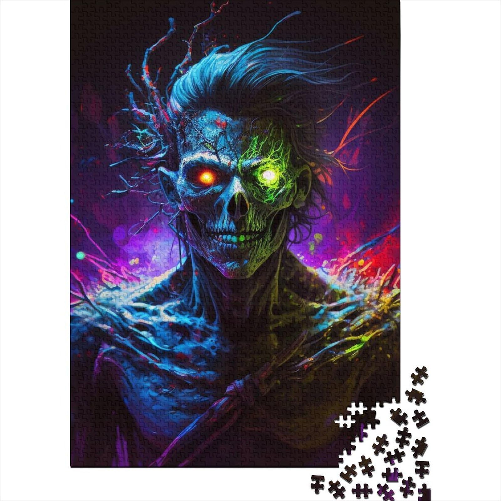 Neon-Totenkopf-Puzzle, 500 Teile, Puzzle für Erwachsene und Teenager, Holzpuzzle für Teenager, lustige Familienpuzzles für Erwachsene, 52 x 38 cm