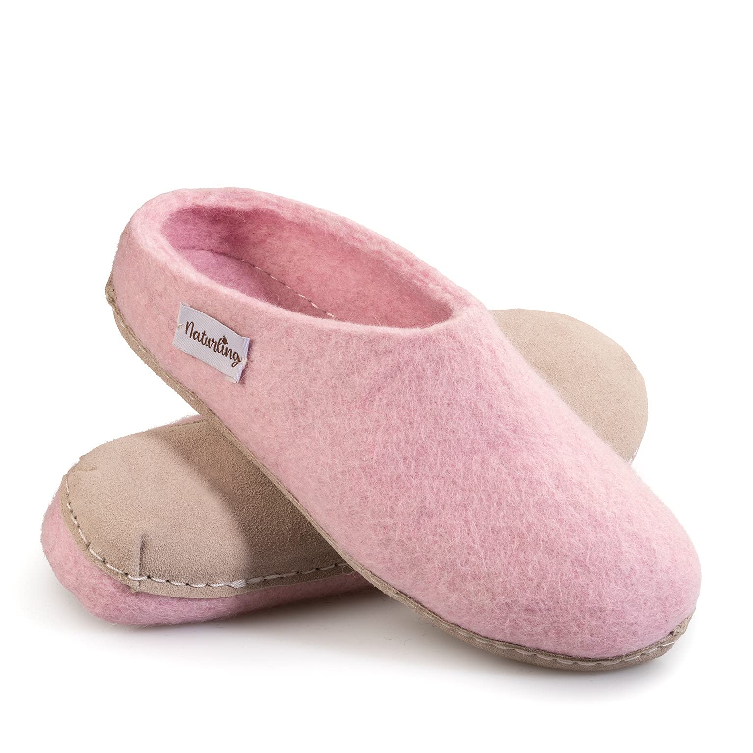 naturling Damen Hausschuhe - bequeme Filz Pantoffeln - echte Ledersohle Rosa 37 (Rosa, 37 EU, numeric_37)