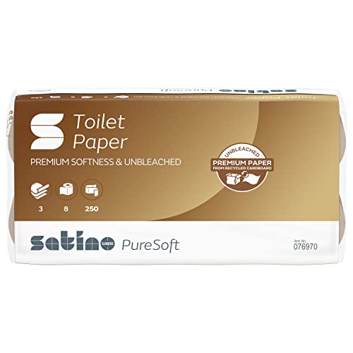 Satino PureSoft Toilettenpapier 3-lagig - Großpackung mit 64 Klorollen (8x8 Rollen) - weich, umweltschonend und nachhaltig aus recyceltem Karton / Verpackungsmaterial