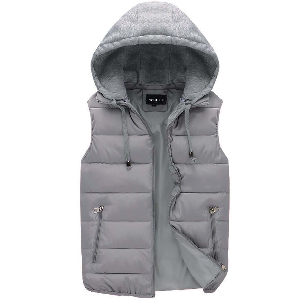 YOUTHUP Herren Steppweste mit Kapuze Leicht Winterweste Outdoor Dicke Freizeit Gilet Ärmellos Jacke Sport Weste, Grau, XS