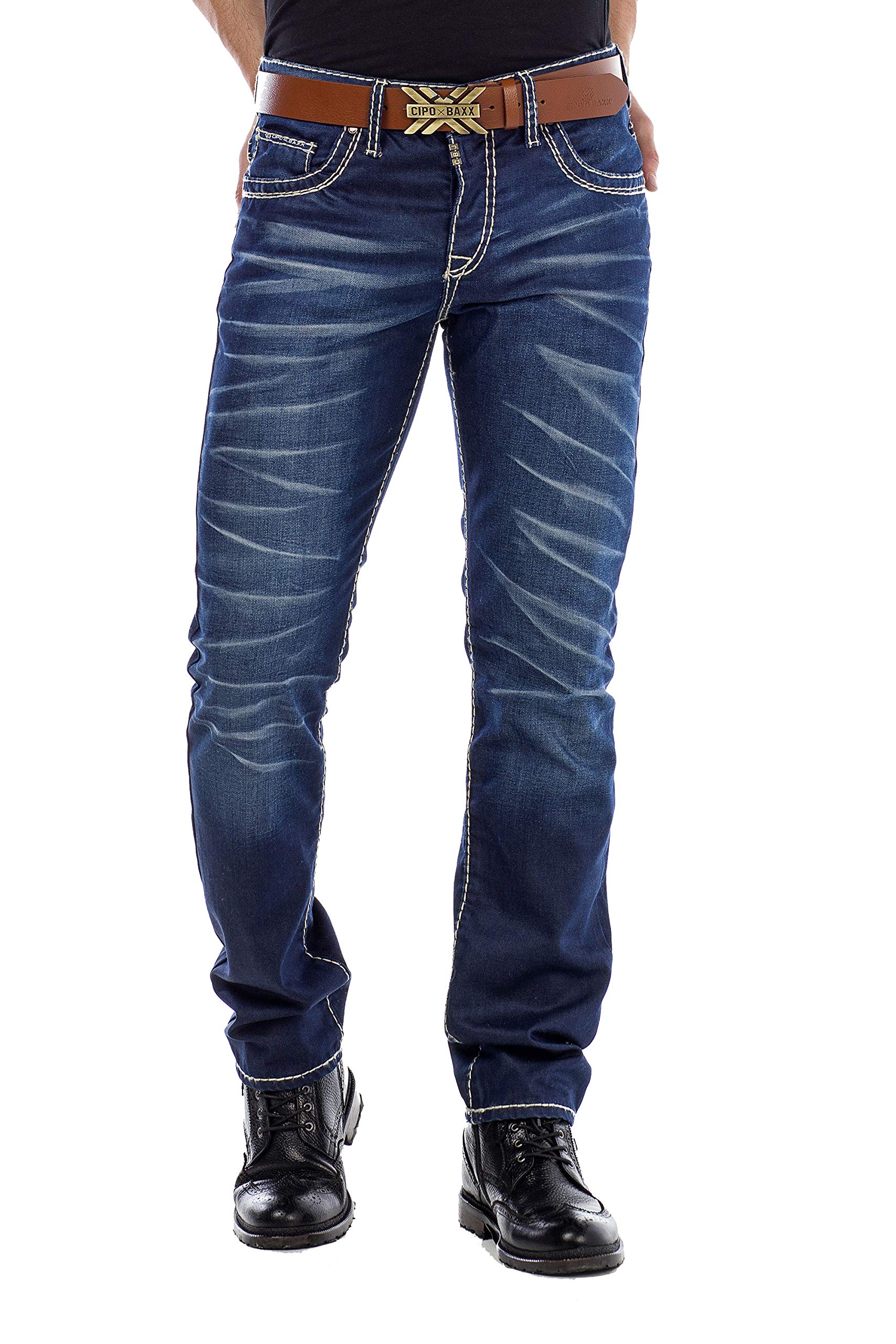 Cipo & Baxx Herren Jeans Hose Used Look Röhrenjeans Straight Fit Kontrastnähte Denim Dunkelblau W34 L32