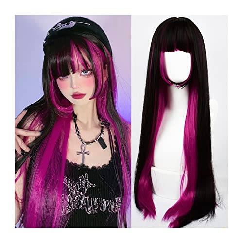 Perücken für Frauen Rose Red Highlights Schwarze Perücke mit Pony Langes glattes Haar Perücken for Frauen Mädchen Hitzebeständige Synthetische Perücken Party Cosplay Perücken für die Tägliche Party Co