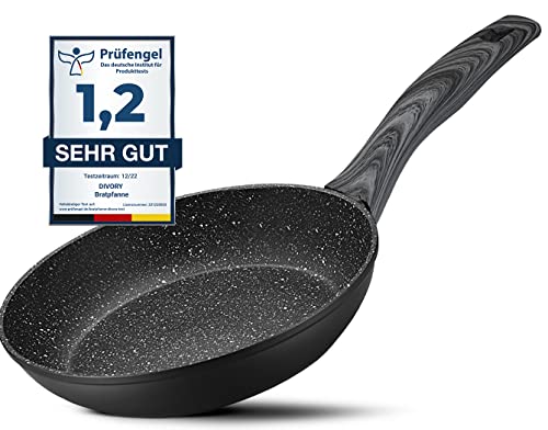 DIVORY Bratpfanne 16cm Induktion – Antihaft Beschichtete kleine Universallpfanne für alle Herdarten - Sichere Griffe, Spülmaschinen geeignet (Griff: Dunkle Holzoptik)