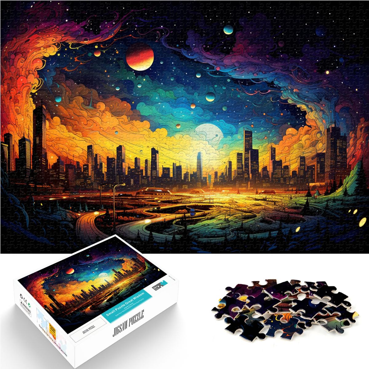 Puzzle, Bunte psychedelische Stadt, Puzzle 1000 Teile, Holzpuzzle, schwieriges, schweres Puzzle für Frauen und Männer, 1000 Teile (50 x 75 cm)