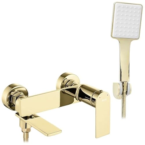 Rea Badewannenarmatur STORM GOLD Wasserhahn Badewanne Einhebel Wannenarmatur mit Handbrause Badarmatur aus Messing Mischbatterie Wandmontage (Gold)