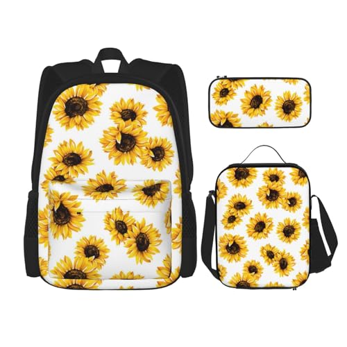 WURTON Lunchbox mit Sonnenblumen-Druck, Federmäppchen, Rucksack-Set, 3-teilig, verstellbare Riemen, langlebig, leicht, Schwarz, One Size