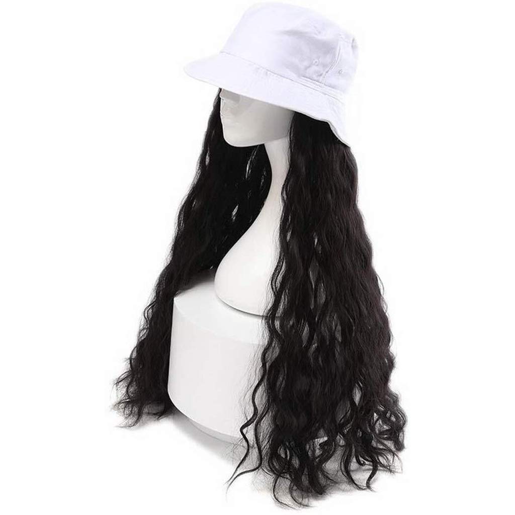 LINLINCD-Hairpieces White Bucket Hat mit langen bräunlich-schwarzen Kinky Curly Perücken, 2 in 1 Curly Wave Hair Cap Hat, natürlich aussehende weibliche Perücken