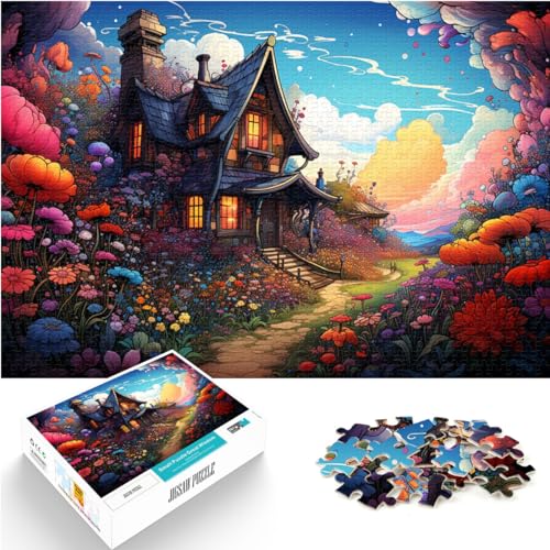 Puzzle für farbenfrohes psychedelisches Blumenhaus mit Kunst, 1000 Teile, Puzzle für Erwachsene, Holzpuzzle für Familienspaß und Spieleabend, 1000 Teile (50 x 75 cm)