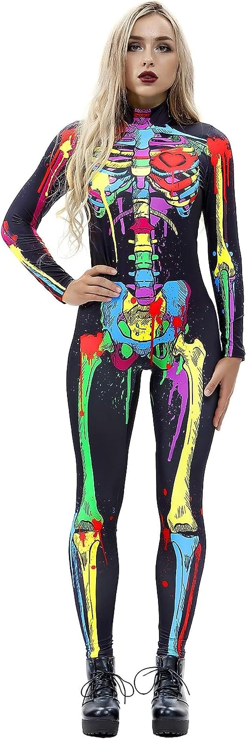 RIAAJ Halloween Kostüm Damen Skelett Overall 3D Print Langarm Skinny Catsuit Cosplay (A3,S)