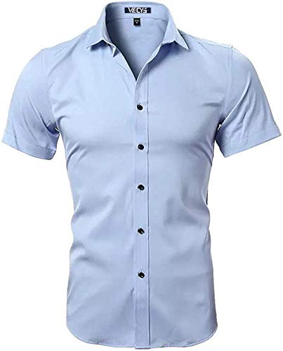 Vecys Herren-Hemd, bügelfrei, kurze Ärmel, Slim Fit, einfarbig, lässig, Business, bügelfrei, Herrenhemd aus Bambusfaser Gr. L, blau