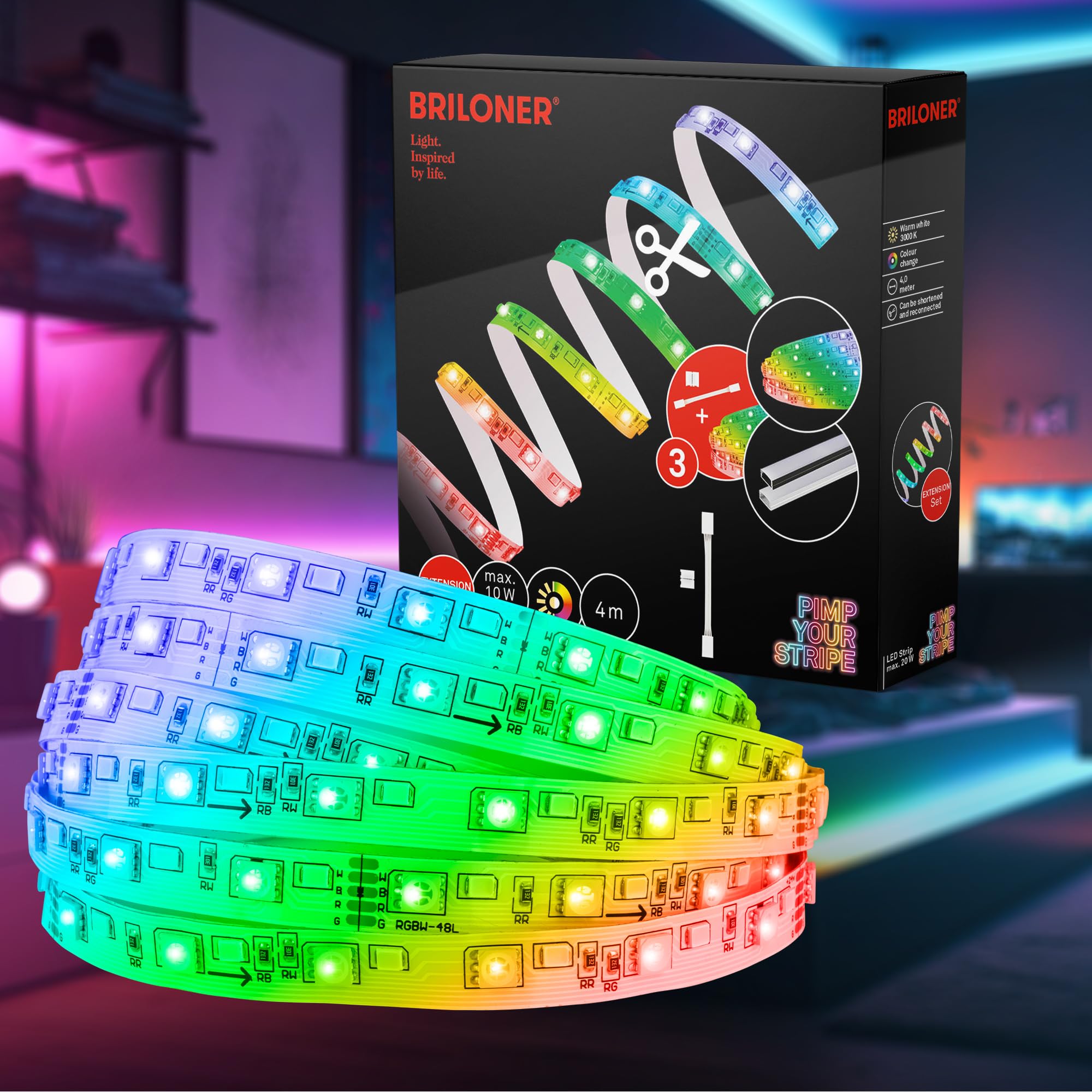 BRILONER - Pimp your Stripe Erweiterungsset 4m LED Strip, bunte RGB Farben, Warmweiß, Dimmbar, Farbprogramme, Kürzbar, Selbstklebend, LED Streifen, LED Lichtleiste, Zimmer Deko, Gaming Deko