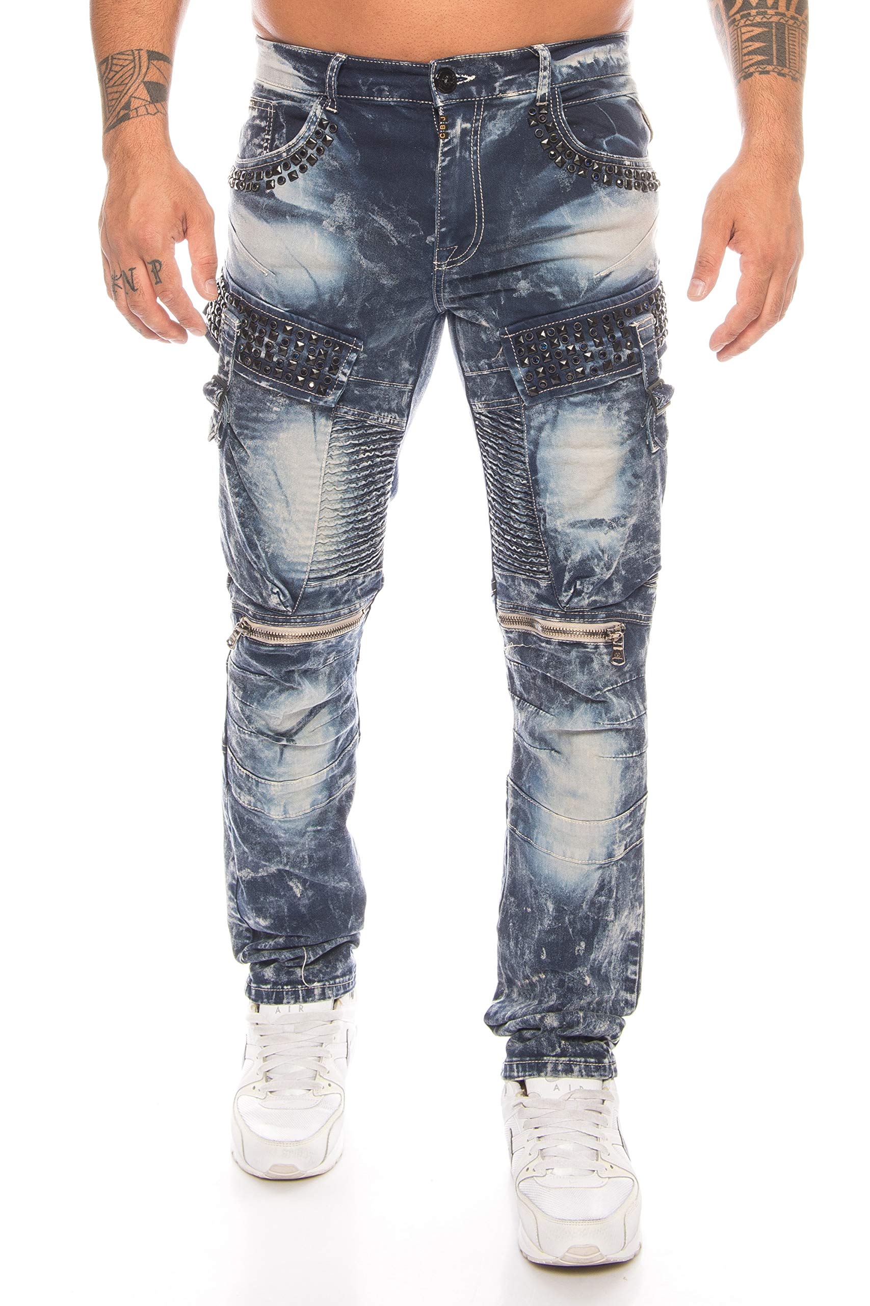 Cipo & Baxx Herren Jeans mit Strasssteinen und vielen Details (Blau, W36/L32)