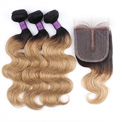 Human Hair Bundles Körperwellenhaar, 3 Bündel mit Verschluss, transparente Spitze, blonde Ombre, Remy-Echthaar-Webart-Verlängerung, 1B/27 Farbe, 200 g/Set human hair weave (Color : 4x1 T Lace, Size