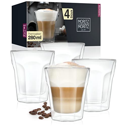 Moritz & Moritz Gläser Set 4 x 280 ml Cappuccino Gläser Doppelwandig 280ml – Doppelwandige Gläser für Kaffee, Tee, Longdrinks oder Dessert – Spülmaschinengeeignet