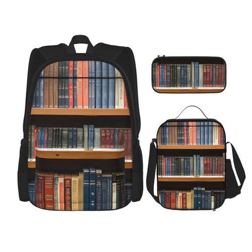 YQxwJL 3-in-1-Rucksack-Büchertaschen-Set, Bibliotheks-Bücherregal, 1 Druck, lässige Reiserucksäcke, mit Federmäppchen, Lunchtasche