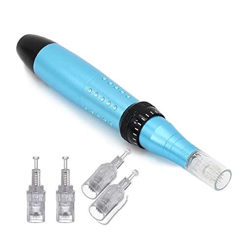 BOWKA Elektrischer Derma Pen Microneedling Pen microneedling roller,inkl. 4 Stück 12 Pin Nadelnpatrone, verstellbare 0,25mm-2,0mm Nadellänge und Geschwindigkeit (blau)